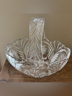 Vintage Crystal Glass Basket W/Handles Elegant 8”x5”x4”